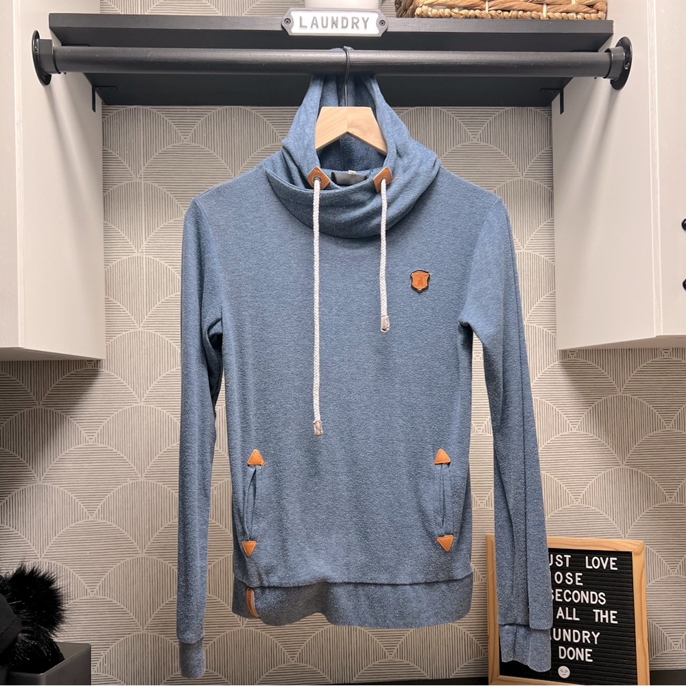 Size small, mock neck hoodie, thin, light blue, leather embellishments